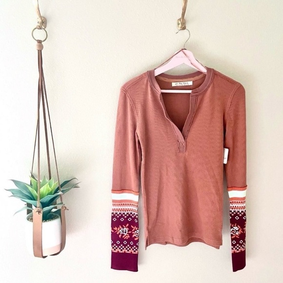 NWT Free People Mikah Layering Cuff Thermal V Neck Top in Autumn Orange Size S - Picture 1 of 7